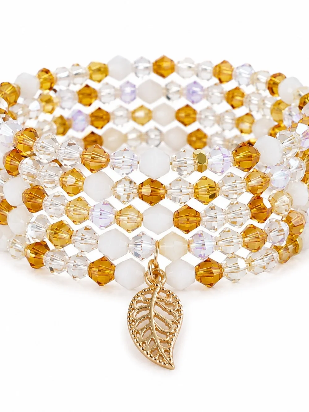 Beaded Wrap Bracelet with Leaf Charm Hand Crafted